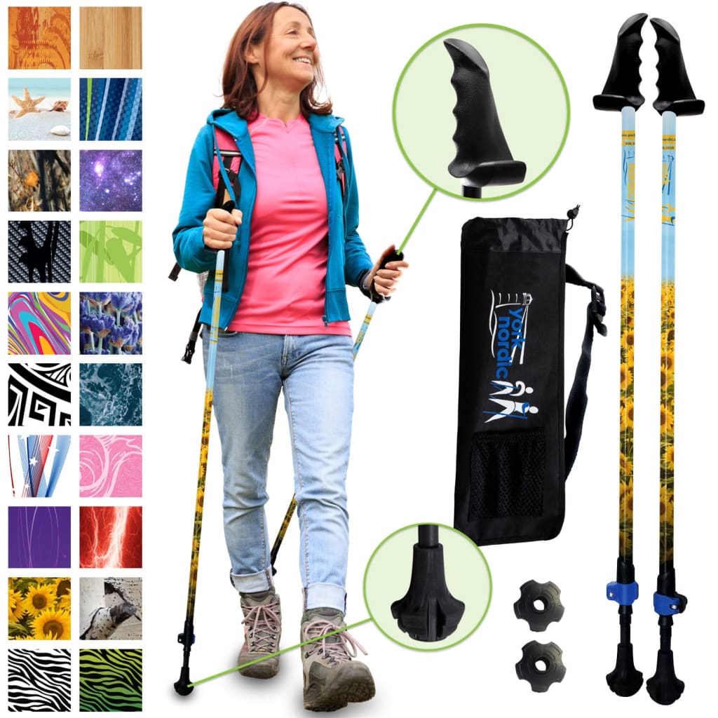 Sunflower Hiking & Walking Poles w-flip locks detachable feet and travel bag - pair - Motivator -