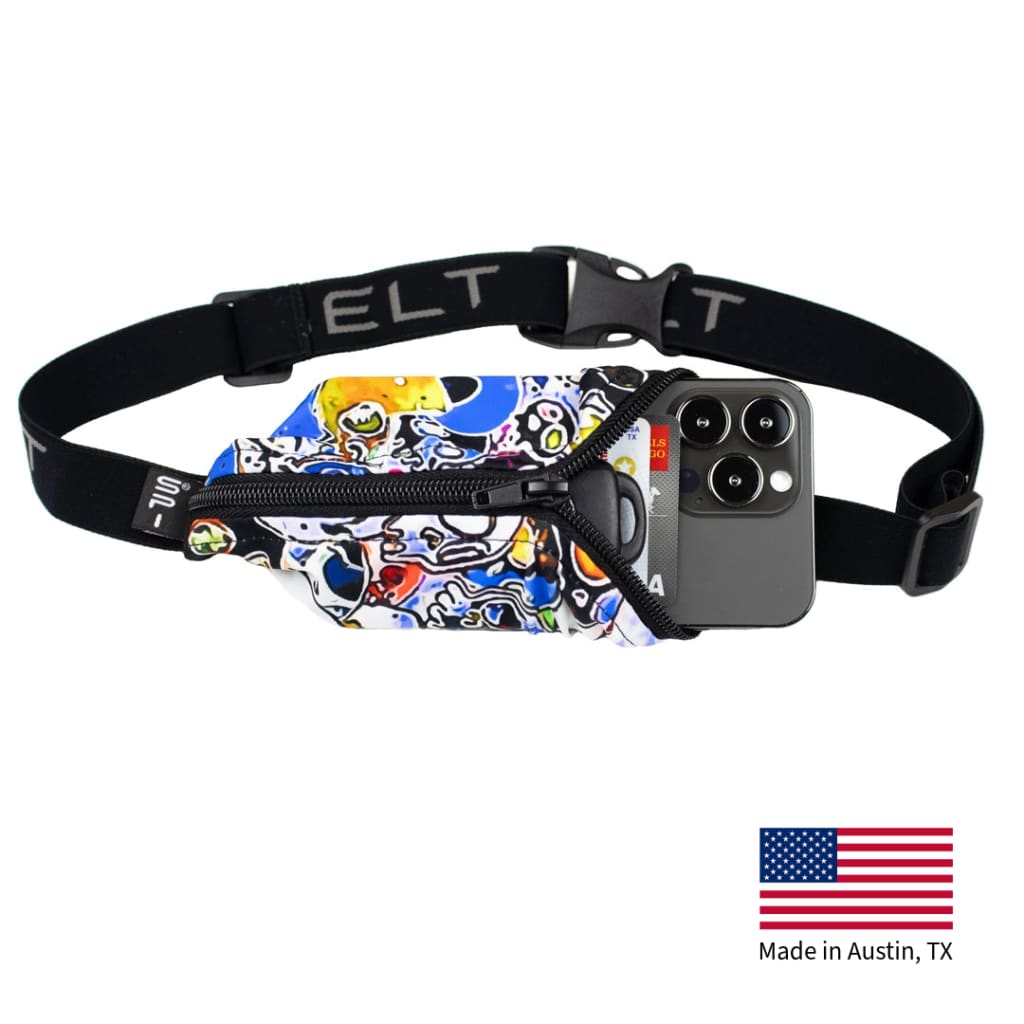 The Original SPIbelt Running Belt - Graffiti Skulls with Black Zipper