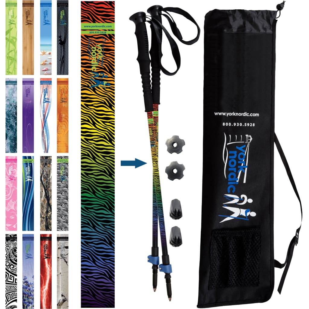 Zebra Rainbow Hiking & Walking Poles w-flip locks detachable feet and travel bag - pair -