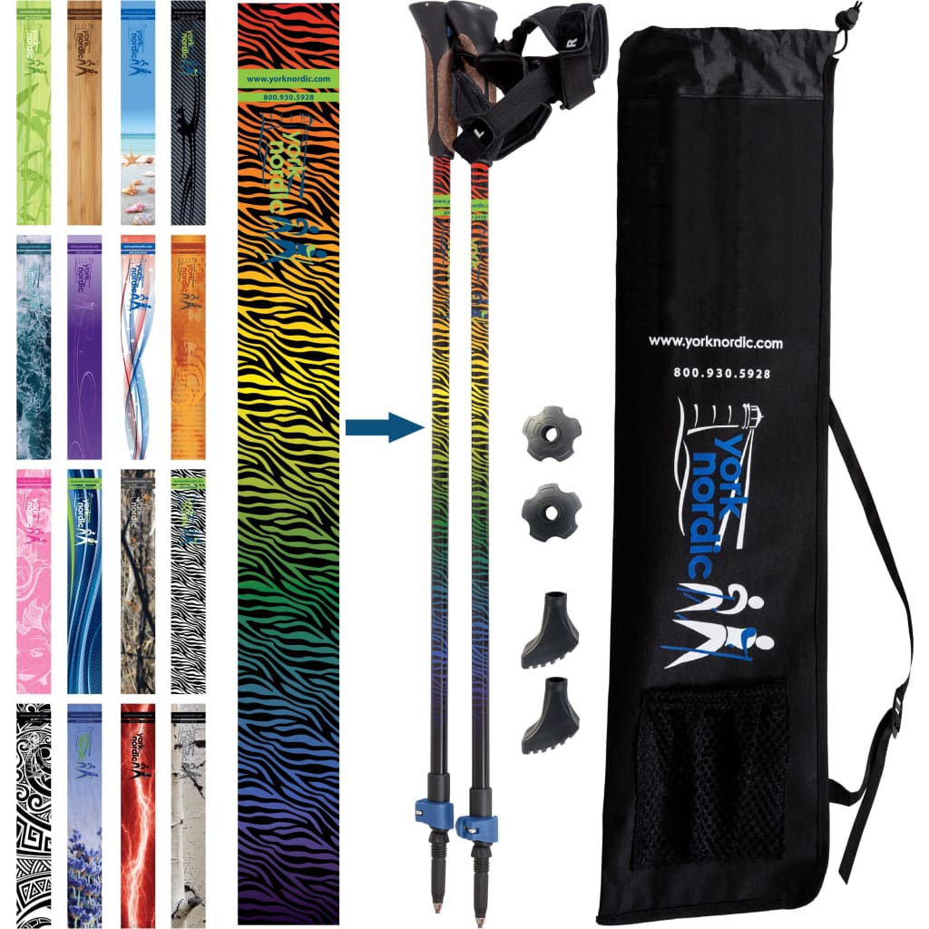 Zebra Rainbow Hiking & Walking Poles w-flip locks detachable feet and travel bag - pair - Nordic -