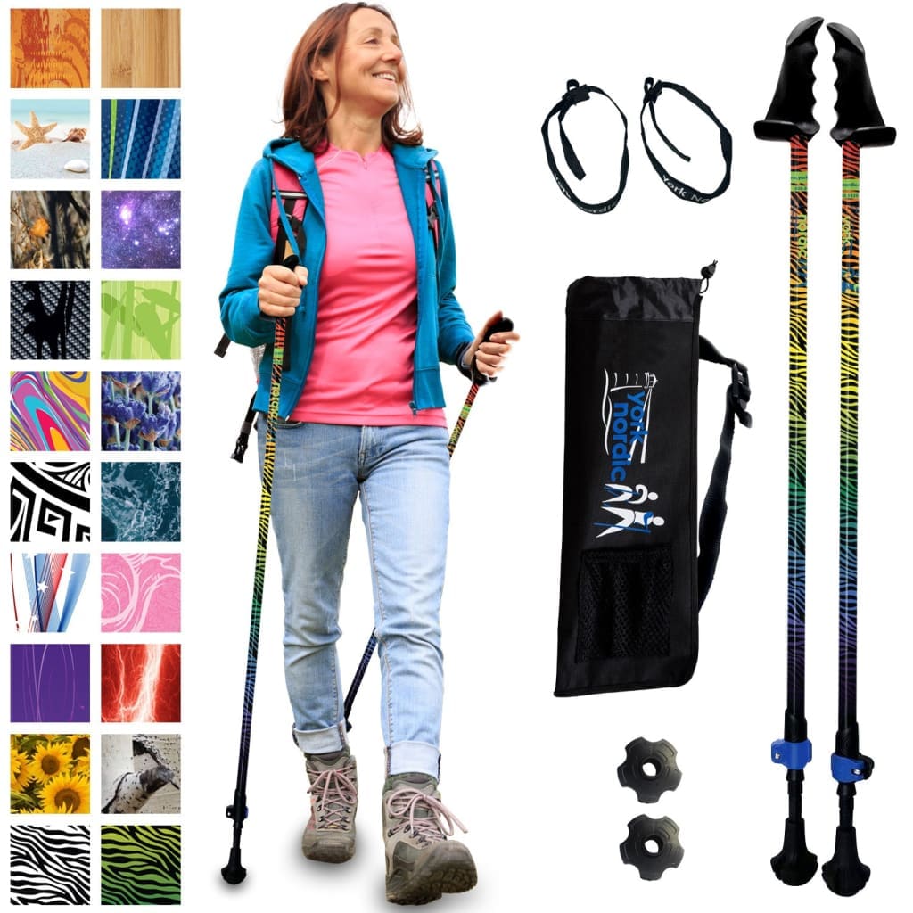 Zebra Rainbow Hiking & Walking Poles w-flip locks detachable feet and travel bag - pair